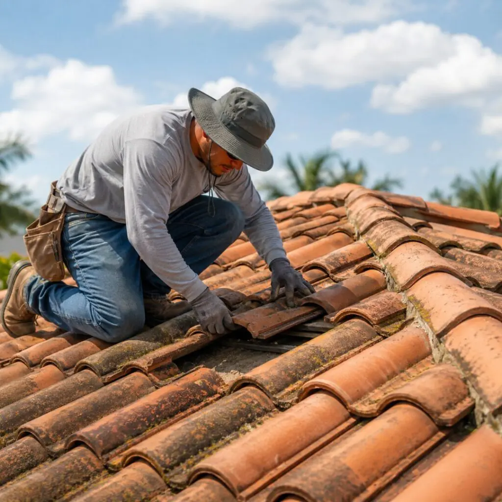Tile Roofer is fixing the roof