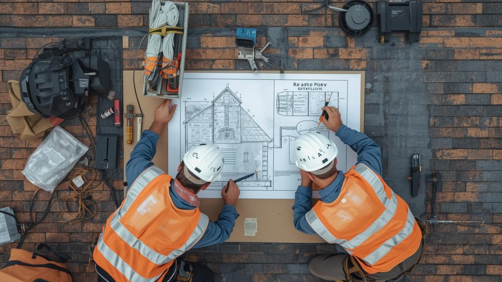 Contractors insecting a blueprint.