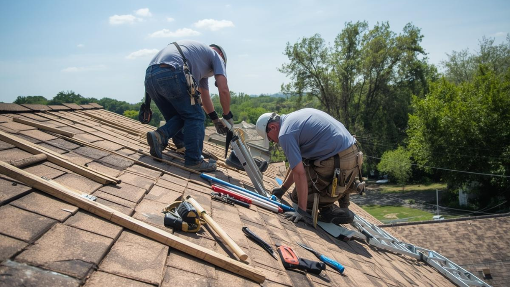 Team repairing roof