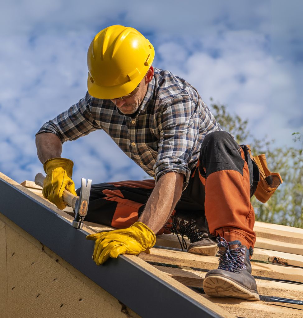 A man is repairing the roof with complete uniform