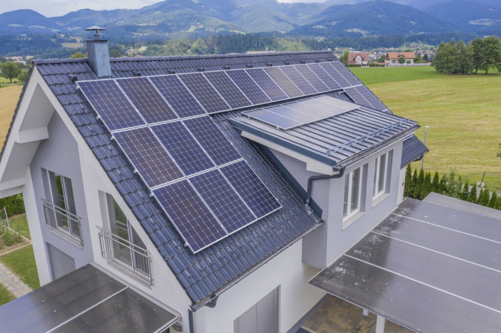 Aerial view of a house with massive solar panels installed