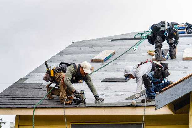 A group of workers is repairing the roof