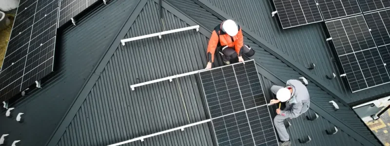 Roof workers are installed solar with solar support